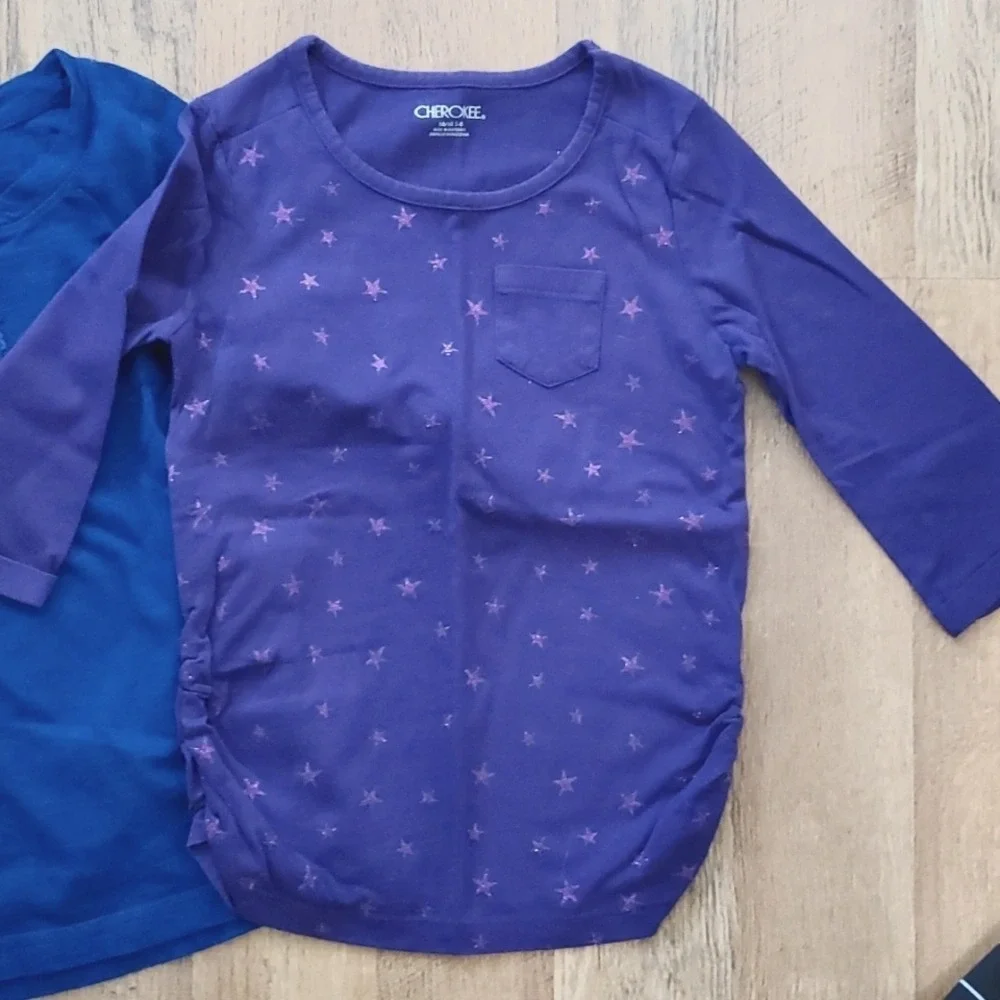 3 Pack Girls Cherokee 3/4 Sleeve Shirts Size 7-8 Royal Blue, Purple Stars, Black